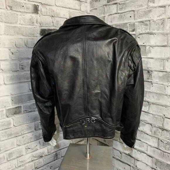 Vintage Black Leather Motorcycle Jacket Mens XL Biker Distressed Moto Coat - Picture 6 of 16
